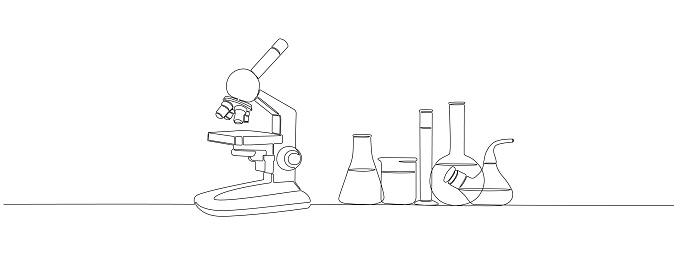Microscope In Laboratory Drawing Drawing Of One Continuous Line Of Microscope And Laboratory Flasks And ...