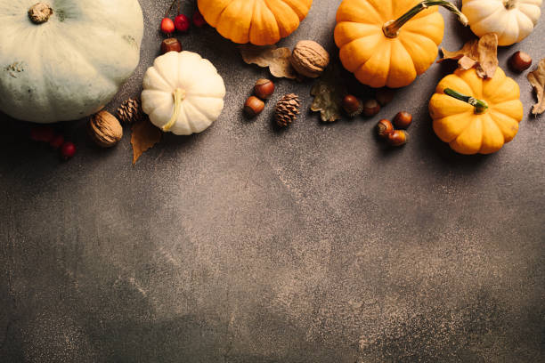 istock Autumn background with pumpkins, fallen leaves, nuts, berries on stone background. Flat lay, top view, copy space. 2167963311