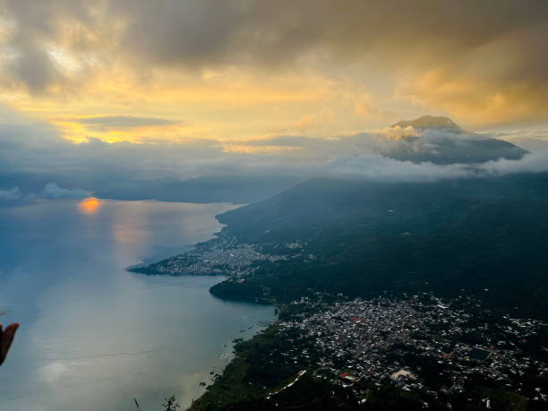 View of The Toliman and Atitlan volcanoes overlooking the beautiful lake Atitlan, Guatemala.