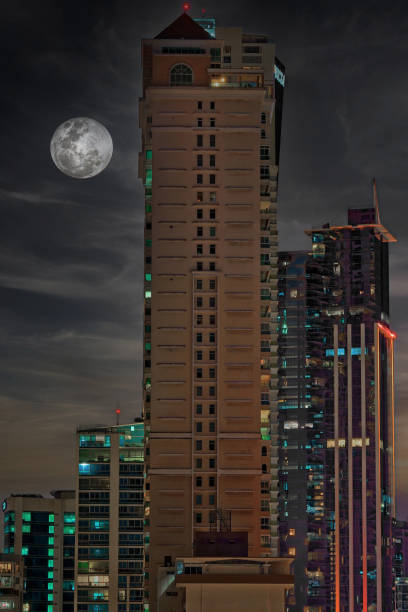 Moon and buildings in Panama City on January 31, 2018.