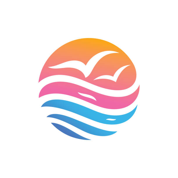 Sunrise at sea Sunrise, sea and seagulls vector icon. abstract shirts stock illustrations