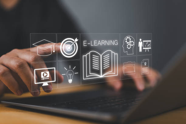 istock e-learning on a laptop. learning icon, library on the internet website. concept of lesson learning e-book training digital online. course education in webinar technology 2167977626