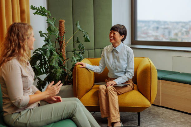 Blonde female having a job interview with a manager