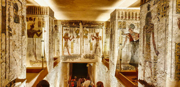 Tomb of Ramesses III, KV11 at Valley of Kings,Luxor,Egypt Luxor,Egypt,January 1,2020-Ramesses III makes an offering to a mirror image of Osiris in this unique wall relief on the ceiling of the passageway in the Tomb of Ramesses III,KV11,Valley of Kings,Luxor ramses i stock pictures, royalty-free photos & images