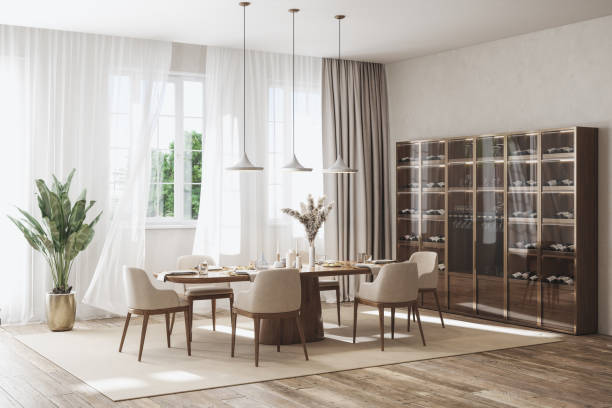 istock Modern Dining Room With Dining Table, Chairs, Wine Cabinet And Flying Curtains 2167991838