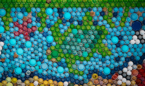 Sustainability art with plastic bottle caps creating beautiful objects of recycled materials