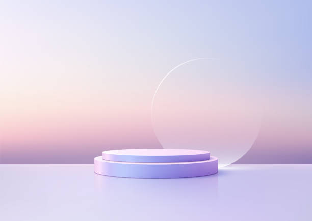 illustrazioni stock, clip art, cartoni animati e icone di tendenza di podio viola 3d minimalista con vetro trasparente circolare e sfondo sfumato per l'esposizione del prodotto - podio