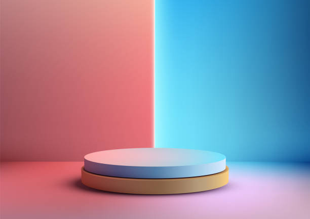 istock Illuminated 3D Cylinder Podium with Neon Pink and Blue Lighting, Abstract and Contemporary Design for Technology Showcase 2167996749