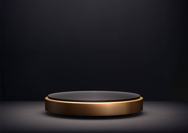 istock Luxury 3D Black Podium with Golden Rim, Elegant Display Platform on Dark Background, Minimalist and Sophisticated Design Illuminated by Spotlight Product Showcases 2167996755