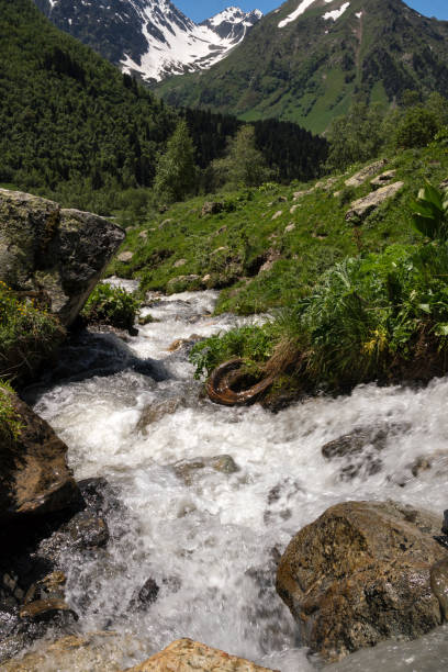 istock Mountain stream surrounded and rocky terrain with snow-capped peaks 2167997858