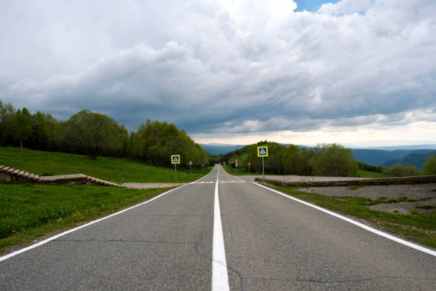 Straight road leading into the distance with cloudy sky.