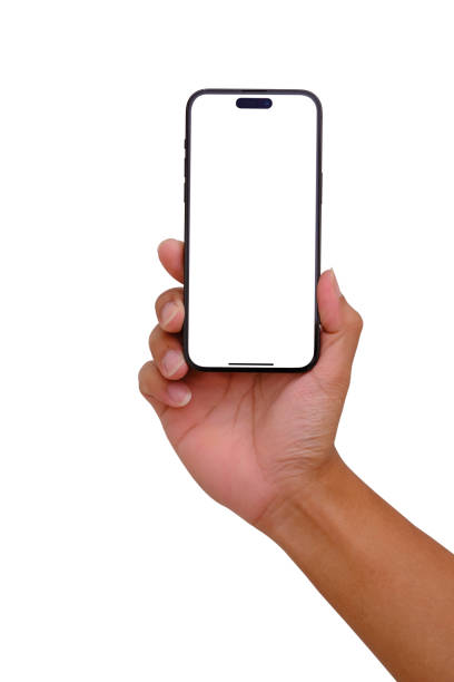 istock Hand holding the black smartphone iphone with blank screen and modern frameless design in two rotated perspective positions - isolated on white background - Clipping Path 2167998905
