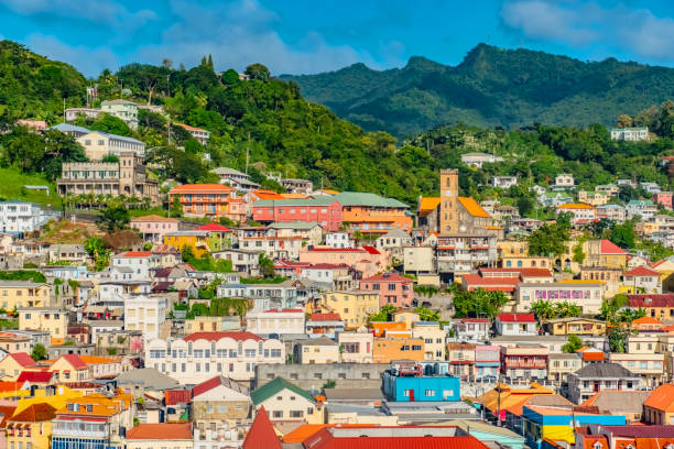 Colourful and bright mountain landscape of Roseau in Dominica, Caribbean. Cruise port