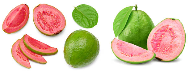 istock guava with slice and green leaves isolated on white background. clipping path 2168007070