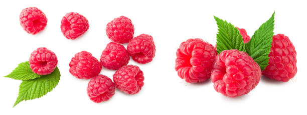 istock ripe raspberry with green leaf isolated on white background. macro. clipping path 2168007081
