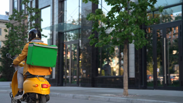 istock Courier man food backpack. Guy ride scooter deliver products. Delivery service. 2168009493