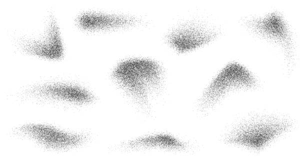 Grain paint spray noise or dust brush, black sand Grain paint spray noise or dust brush and black sand particles, vector abstract shape effects. Paint airbrush wavy sprays in graffiti ink style with grain noise texture of black dots and grainy dust drawing shadows stock illustrations