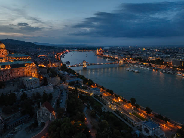 istock Budapest Hungary aerial view sunset night Szechenyi Chain Bridge 2168010770