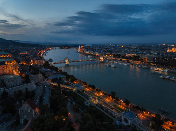 istock Budapest Hungary aerial view sunset night Szechenyi Chain Bridge 2168010950