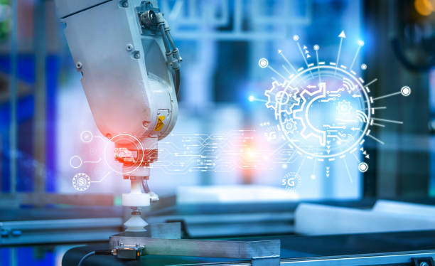 AI-powered robotic hand controls manufacturing processes in factory. Advanced automation and intelligent machine driven by 5G technology for efficient production. Robotic arm powered by AI is at work la mano robótica impulsada por ia controla los procesos de fabricación en la fábrica. automatización avanzada y máquina inteligente impulsada por la tecnología 5g para una producción eficiente. el brazo robótico impulsado por ia está en funcionami