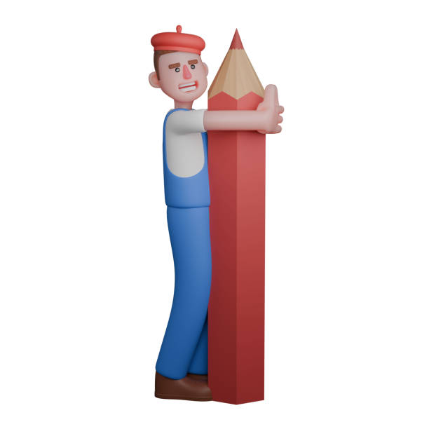 istock Male Painter in Studio. a painter tightly hugs a giant red pencil. 3D Character 2168014073