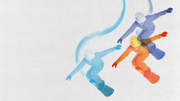 Minimalistic design. Fluid motion of snowboarding. Man pastel hues in dynamic movement, snowboarding. Contemporary art collage. Concept of winter sport, active lifestyle, tourism, extreme