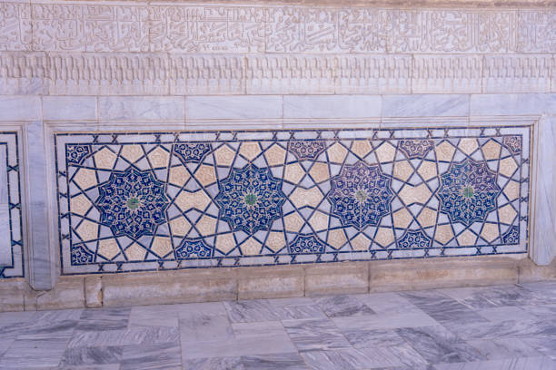 The wall is decorated with a blue and white pattern. The blue and white colors are arranged in a way that creates a sense of harmony and balance. The pattern is intricate and detailed