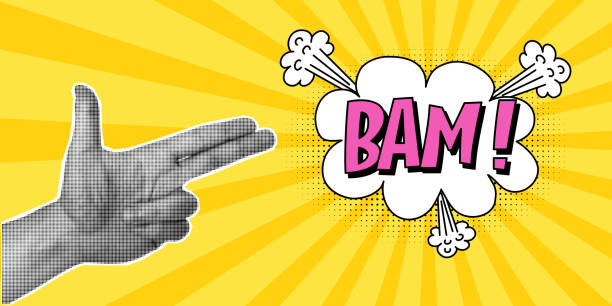 Halftone collage, hand gesture in the shape of a gun, speech bubble with expressive inscriptions bam, cloud and explosions in a comic style on a yellow background. Pop art retro banner.