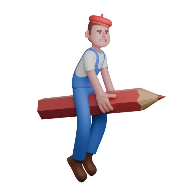 istock Professional 3D Painter. An artist is seen sitting on a large pencil, with an enthusiastic expression on their face. Male Art Expert 2168022102