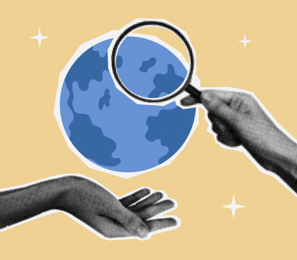 istock Web or global search concept. Halftone holds planet and magnifying glass in trendy collage style. 2168027029