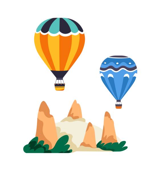 Cappadocia landscapes with hot air balloons vector Hot air balloons flying over Cappadocia landscape. Natural wonder and mountains, hills and natural beauty. Turkey traveling and Turkiye traditional destination for tourists. Vector in flat style cappadocia balloon stock illustrations