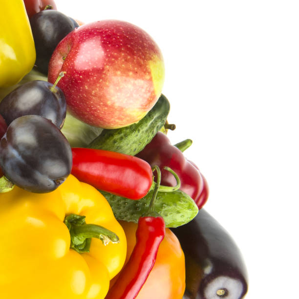 A colorful close-up of fresh, organic fruits and vegetables at a bustling market. Perfect for promoting eco-friendly, non-GMO, and healthy food choices.