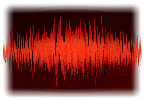 Marbled waveform swaying violently up and down on a vibrating monitor background (Red signal color, retouched and color-processed material)