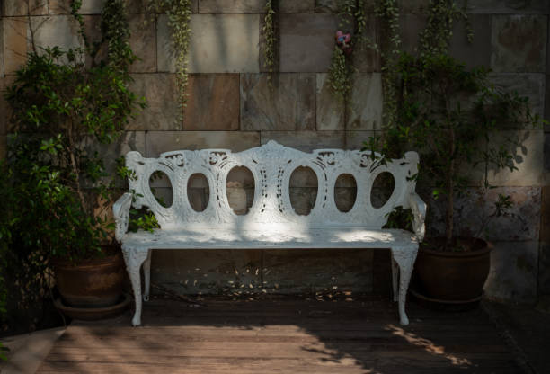 istock White Bench Against Wall in public park space 2168045010