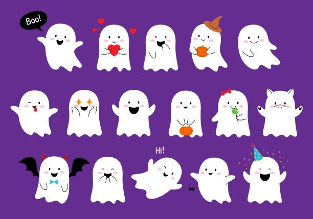 illustrazioni stock, clip art, cartoni animati e icone di tendenza di personaggi dei fantasmi kawaii di halloween dei cartoni animati - fantasma