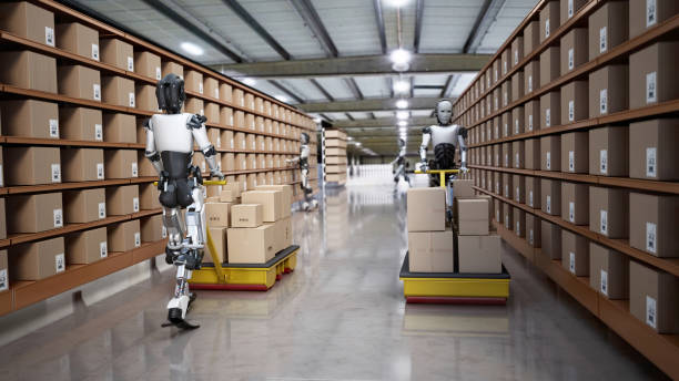 istock Robots organizing packages in a bustling warehouse during daytime 2168064027