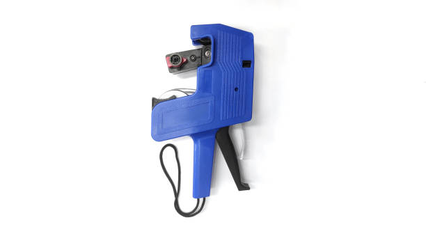 Blue plastic price label or pricing gun isolated on white background