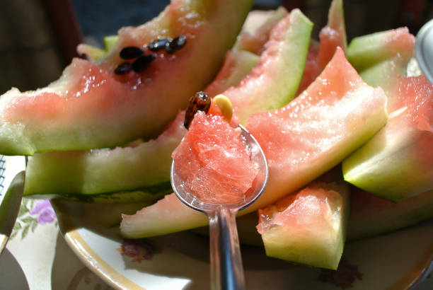 Eating ripe watermelon, upholstery on the table, natural background