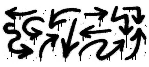 istock Urban graffiti paint spray emphasis arrows set with splatter and dripping ink drops. Rough tag lines with splash spray. Vector illustration of up and down cursor symbols pointing, dirty grunge icon 2168071852