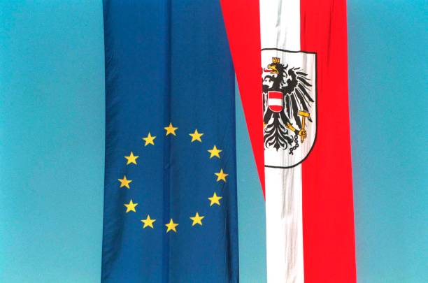 istock Austrian and European Union flag, blue flag 2168073702