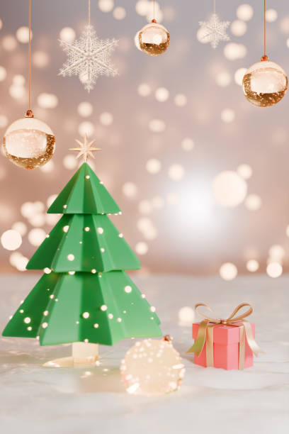 istock A festive Christmas scene featuring a green tree, a gift, and decorative ornaments with soft glowing lights. 3d rendering 2168078652