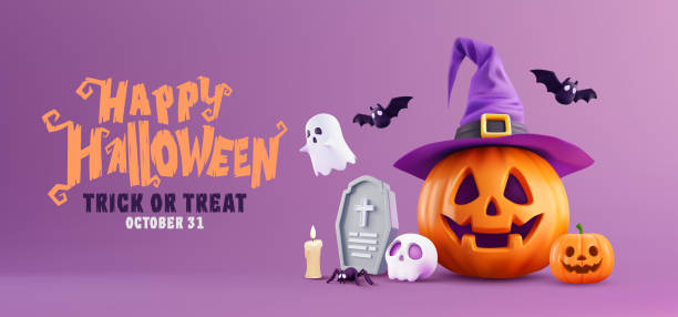 istock Happy Halloween Background with Pumpkin Jack-O'-Lantern, Witch Hat, Ghosts, and Spooky Decorations. Perfect for Trick or Treat Celebrations, Holiday Parties, and October 31st Festivities 2168087360