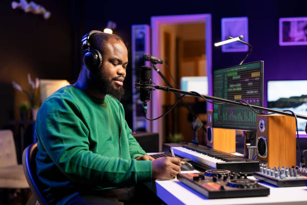 istock Skilled musician artist creating a new track in his home studio 2168092182
