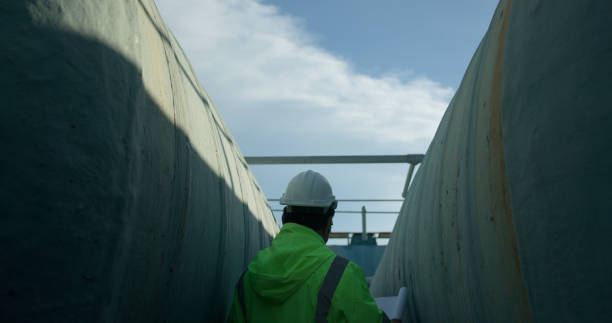 istock senior foreman Currently working by inspecting the water system in a large tank using radio communications to test functionality and confirm safety with the team. 2168105233