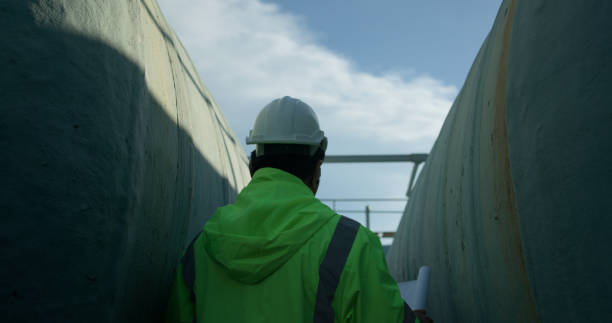 istock senior foreman Currently working by inspecting the water system in a large tank using radio communications to test functionality and confirm safety with the team. 2168105234