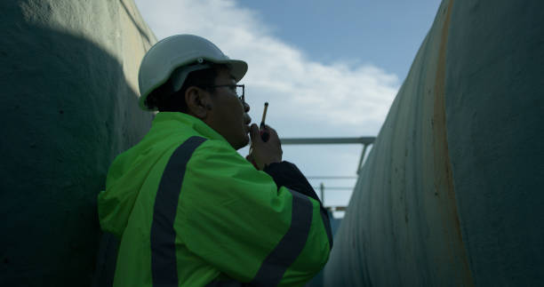 istock senior foreman Currently working by inspecting the water system in a large tank using radio communications to test functionality and confirm safety with the team. 2168105283