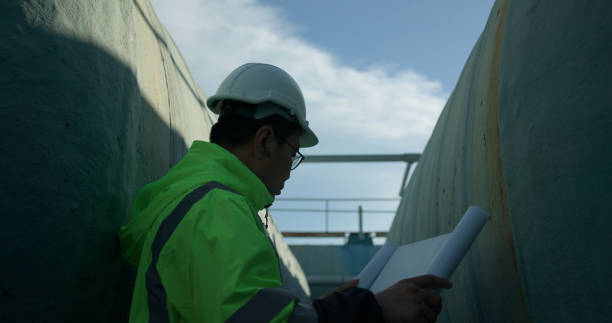 istock senior foreman Currently working by inspecting the water system in a large tank using radio communications to test functionality and confirm safety with the team. 2168105332
