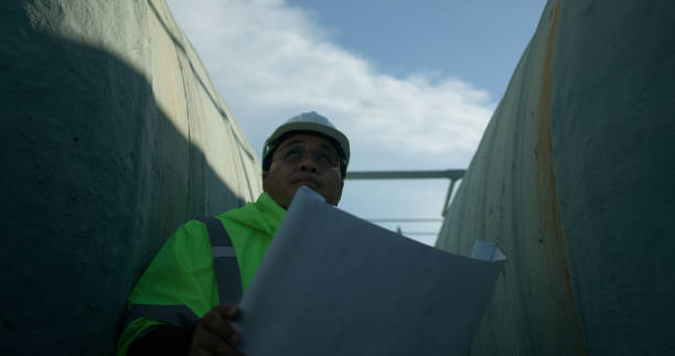 istock senior foreman Currently working by inspecting the water system in a large tank using radio communications to test functionality and confirm safety with the team. 2168105334