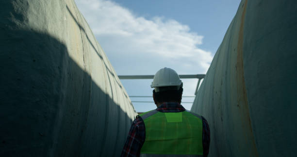 istock Senior maintenance engineer wearing a reflective vest and using a walkie-talkie while working with a blueprint drawing at a large water tank in a construction site of the factory. 2168106407