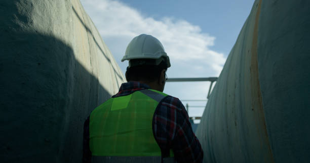 istock Senior maintenance engineer wearing a reflective vest and using a walkie-talkie while working with a blueprint drawing at a large water tank in a construction site of the factory. 2168106408